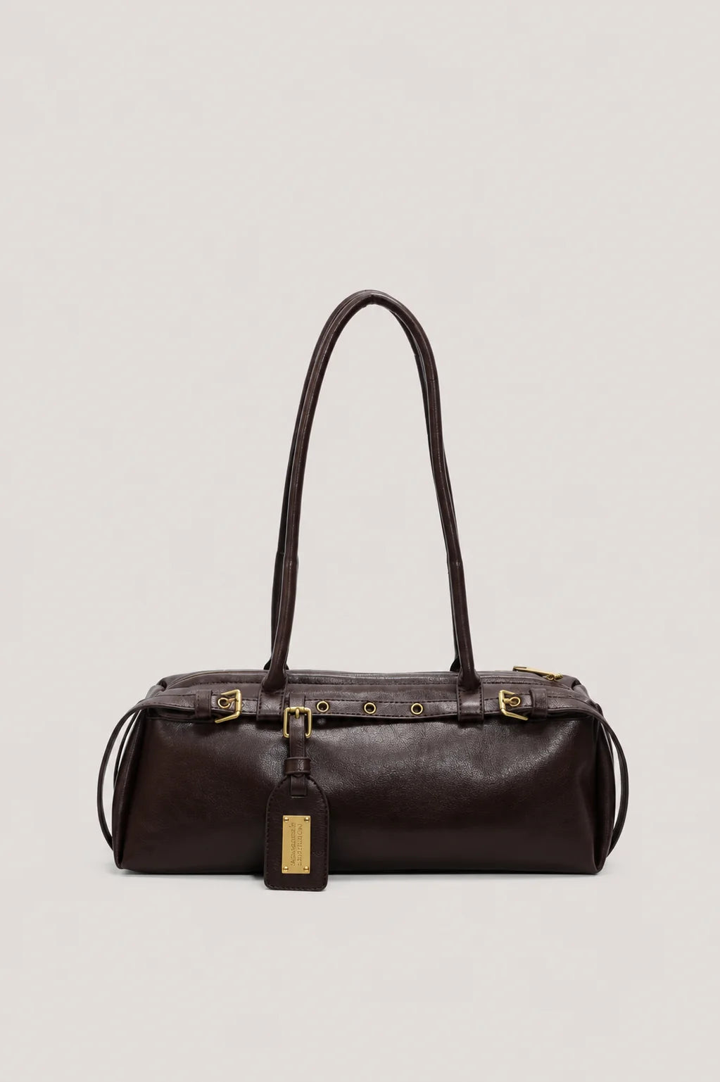 Women’s Structured Shoulder Handbag with Belt Detail and Zipper Closure